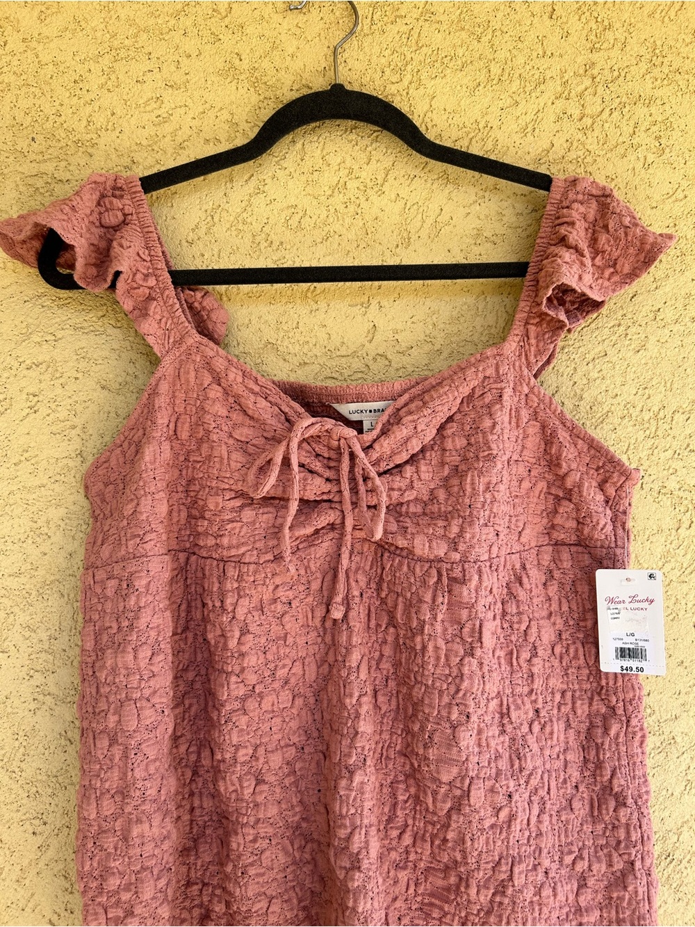 Lucky Brand Textured Babydoll Dusty Rose Smocked Tie-Front Top NWT - Picture 5 of 7